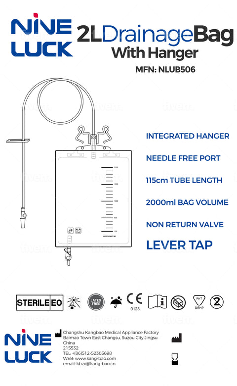 Catheter drainage bag - nephrostomy bag sterile with hanger and easy drain tap