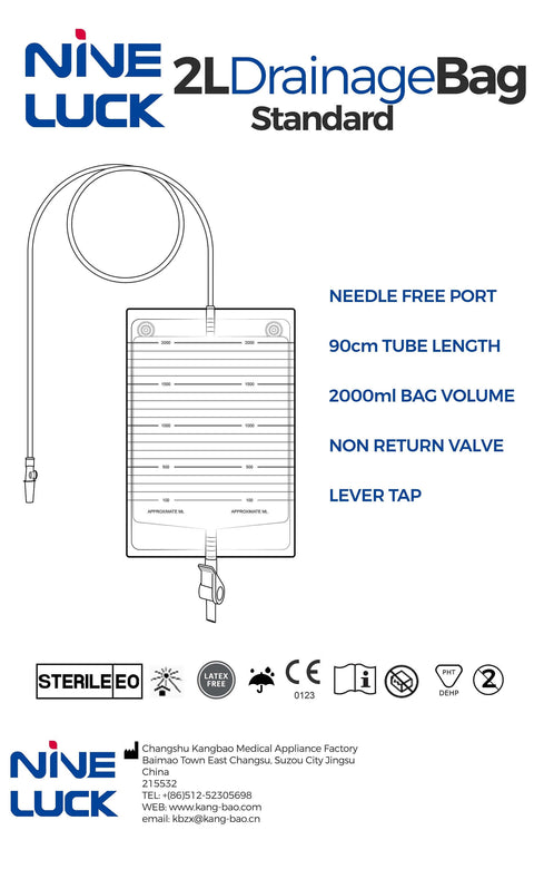 NINE LUCK 2000ml Urine Drainage Bag (Sterile And Drainable) With 90cm Tube - STANDARD