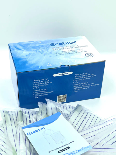 ECOBLUE Economic Urine Drainage Bag - 2000ml Catheter Night Bag - Urine Bag Integrated Bag Hanger - Non Sterile Drainage Bag - 10pcs. Pack