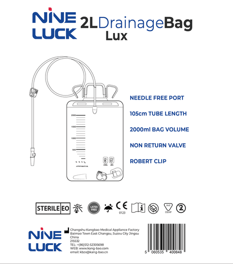 NINE LUCK 2000ml Urinary Catheter Bag Integrated Hanger with Robert Clip Drainage - LUX -